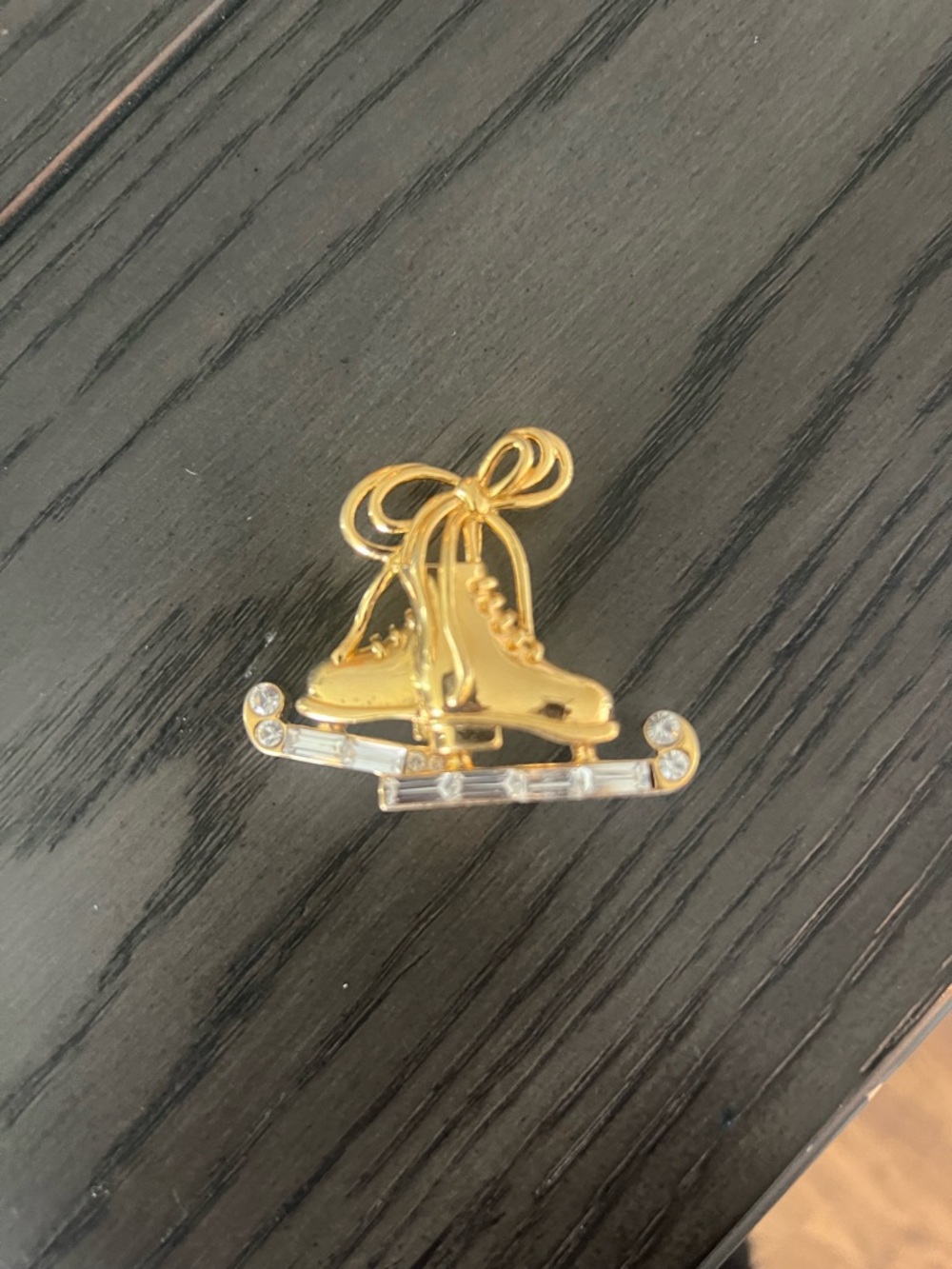Gold-tone Ice Skate Brooch with Rhinestone Detail